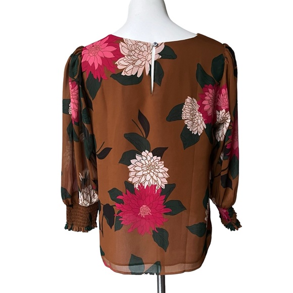 Ann Taylor Factory Sheer Brown Floral Overlay Balloon Sleeve Blouse, Sz M - Picture 3 of 13
